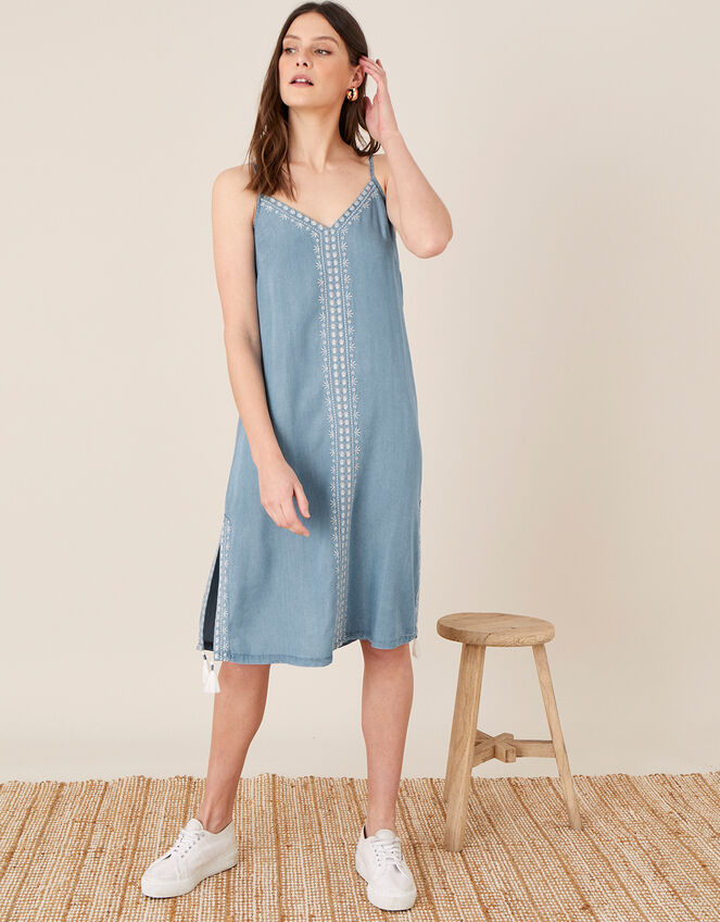 Embroidered Slip Dress in LENZING™ TENCEL™, Blue (DENIM BLUE), large