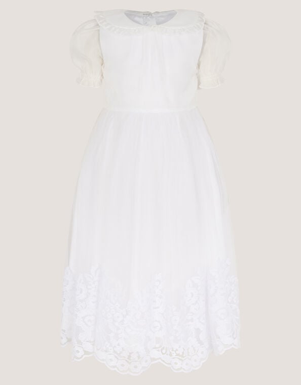 Puff Sleeve Floral Hem Dress, White (WHITE), large