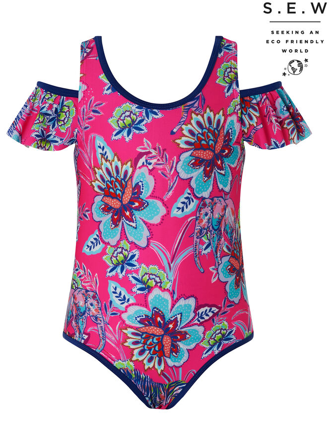 Karly Floral Cold-Shoulder Swimsuit with Recycled Polyester, Pink (PINK), large