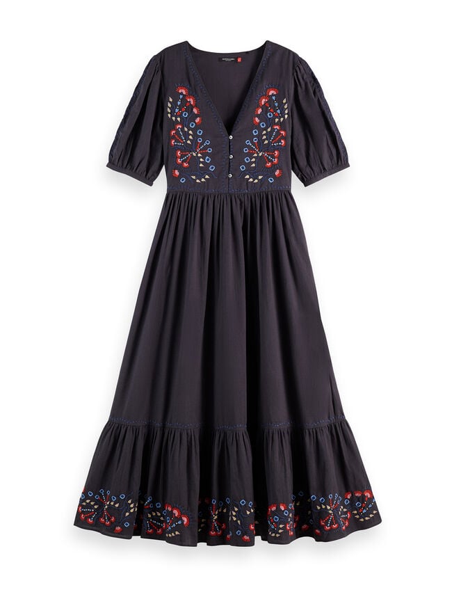 Scotch & Soda Embroidered Short Sleeve Midi Dress, Grey (CHARCOAL), large
