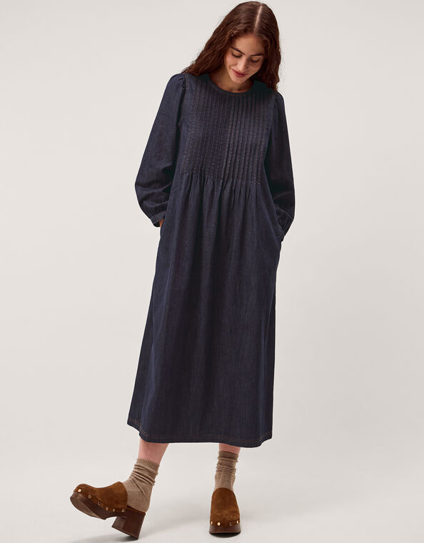 Remy Pintuck Denim Midi Dress, Blue (INDIGO), large