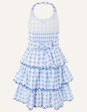Gingham Halter Embroidered Dress , Blue (BLUE), large