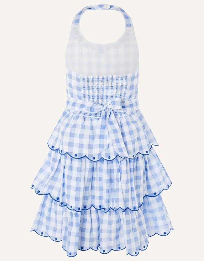 Gingham Halter Embroidered Dress , Blue (BLUE), large