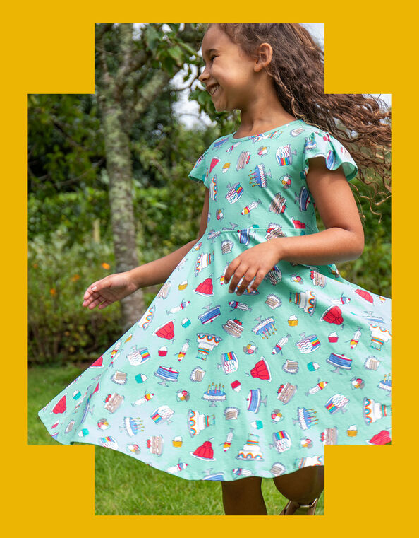 Frugi Morwenna Print Skater Dress, Green (GREEN), large