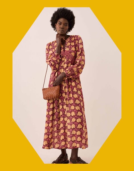 East Zinnia V-Neck Floral Print Midi Dress, Red (BERRY), large