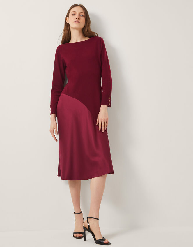 Saz Asymmetrical Mix Satin Midi Dress, Red (BERRY), large