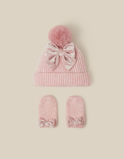 Baby Bow Beanie Hat & Mittens Set, Pink (PINK), large