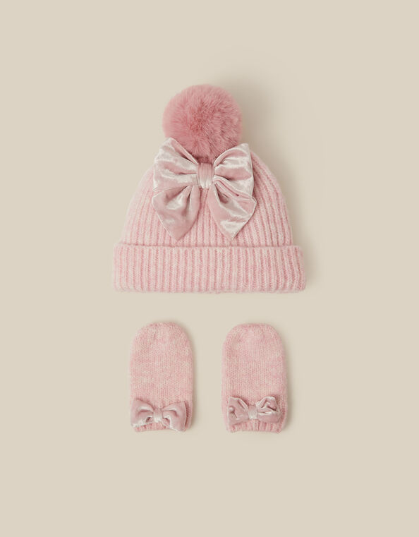 Baby Bow Beanie Hat & Mittens Set, Pink (PINK), large