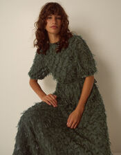 Felicity Short Sleeve Textured Fringe Midi Dress, Green (DARK GREEN), large