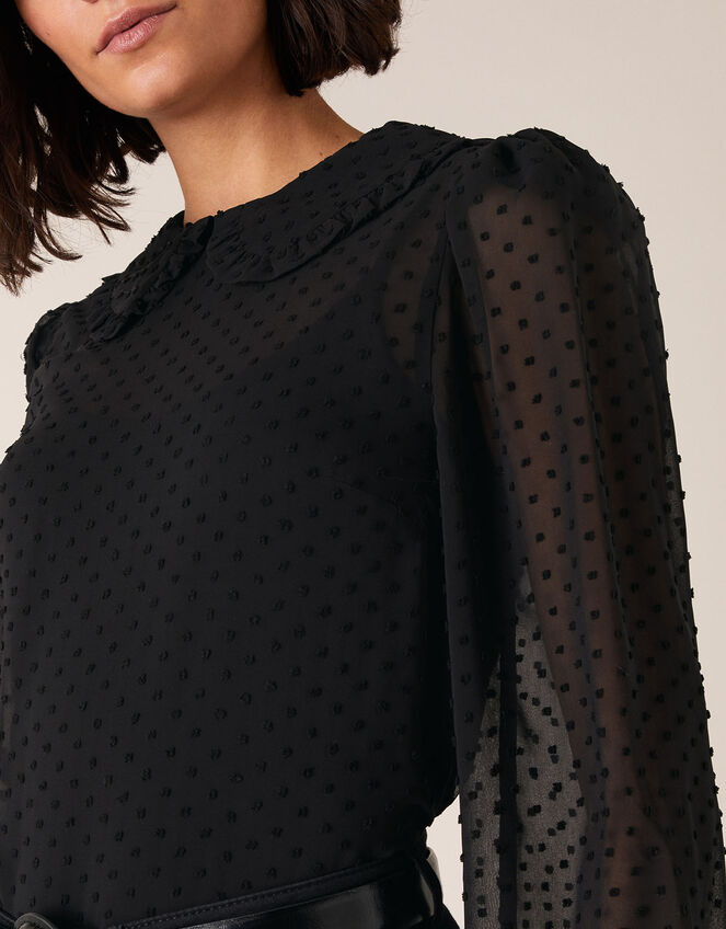 Dobby Chiffon Collared Blouse, Black (BLACK), large