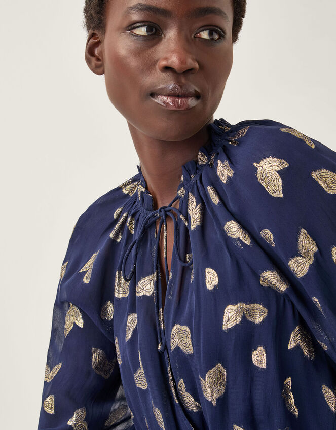 Angela Leaf Print Wrap Blouse, Blue (NAVY), large