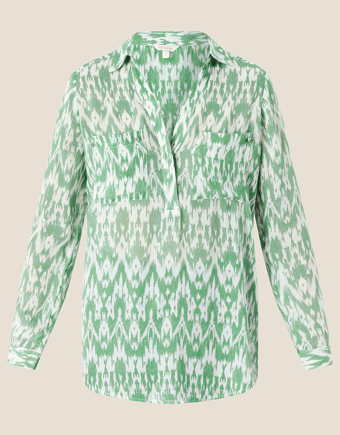 Ezzi Ikat Print Blouse in Sustainable Viscose, Green (GREEN), large