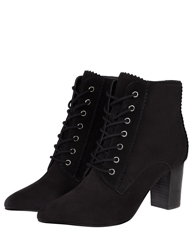 Lace-Up Suede Heeled Ankle Boots, Black (BLACK), large