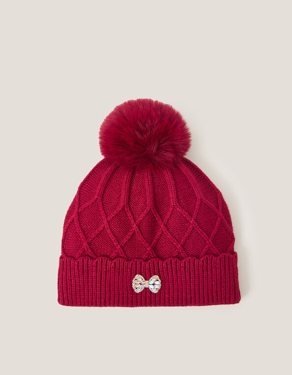 Bow Pom-Pom Beanie Hat, Red (RED), large