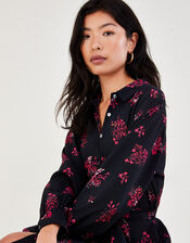 Benji Floral Print Shirt Dress in Sustainable Viscose, Black (BLACK), large