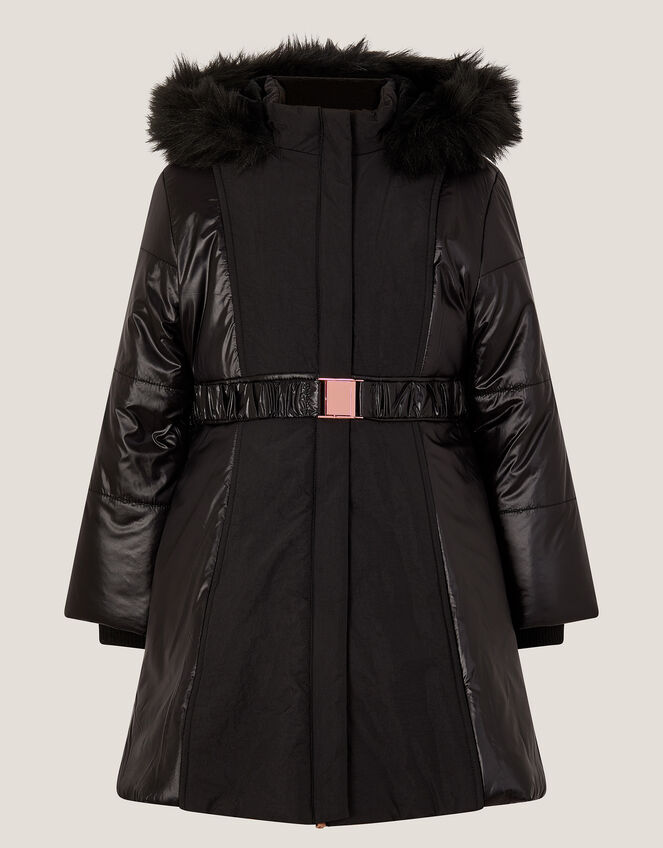 Shine Panel Belted Coat, Black (BLACK), large