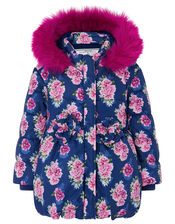 Baby Rose Print Hooded Coat, Blue (NAVY), large