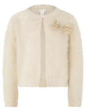 Sequin Bow Fluffy Knit Cardigan, Ivory (IVORY), large