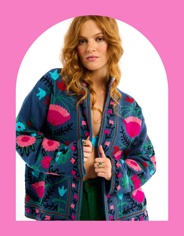 Wild Tiger Floral Embroidered Jacket, Blue (BLUE), large