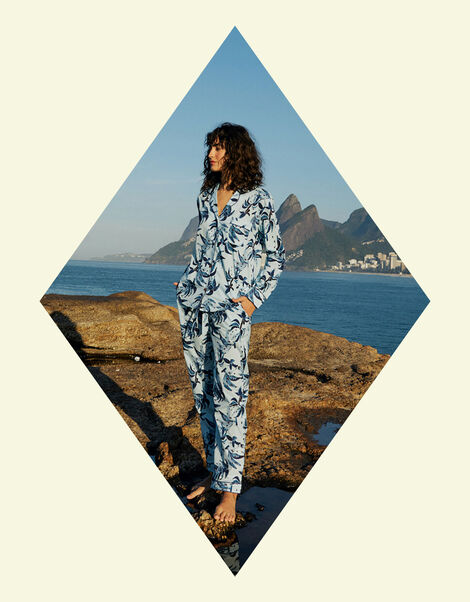 Luna and Noon Rio Tropical Print Pyjama Set Blue, Blue (BLUE), large