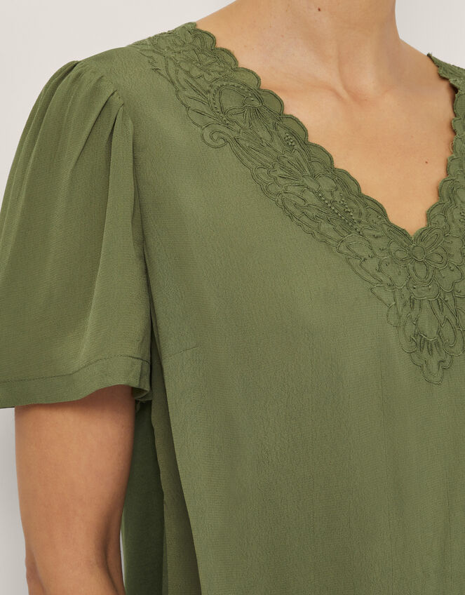 Lisa Embroidered Lace T-Shirt, Green (KHAKI), large
