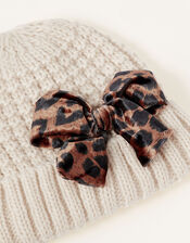 Katie Leopard Bow Knit Hat, Camel (OATMEAL), large