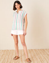 Stripe Print Top in Linen Blend, White (WHITE), large