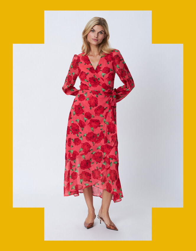 Crās Floral Wrap Dress, Red (RED), large