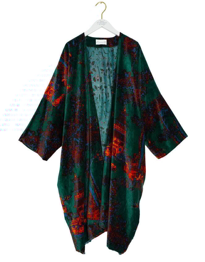 One Hundred Stars Pagoda Forest Long Velvet Jacket, , large