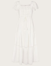 Square Neck Tiered Midi Dress, White (WHITE), large