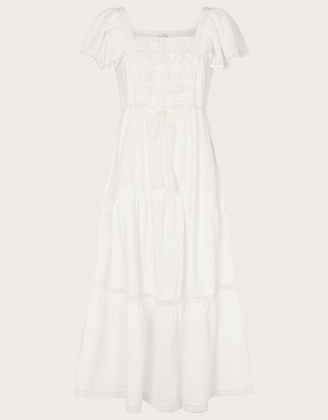 Square Neck Tiered Midi Dress, White (WHITE), large