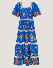 Mona Puff Sleeve Floral Midi Dress, Blue (COBALT), large