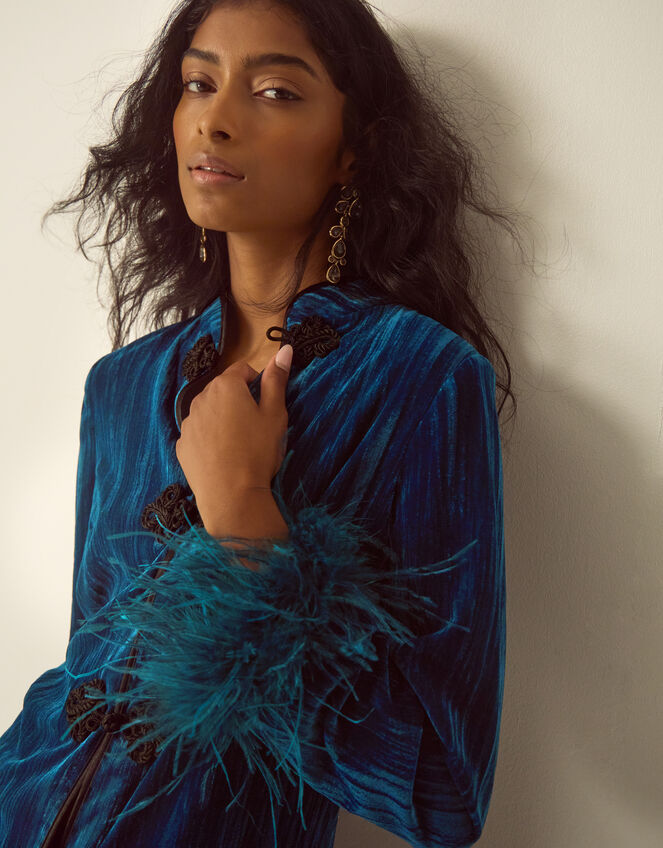 Quinn Frogging Faux Feather Velvet Jacket, Teal (TEAL), large
