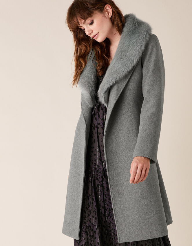 Faux Fur Collar Coat in Wool Blend, Grey (GREY), large
