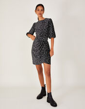 Ditsy Velvet Short Jersey Dress, Black (BLACK), large