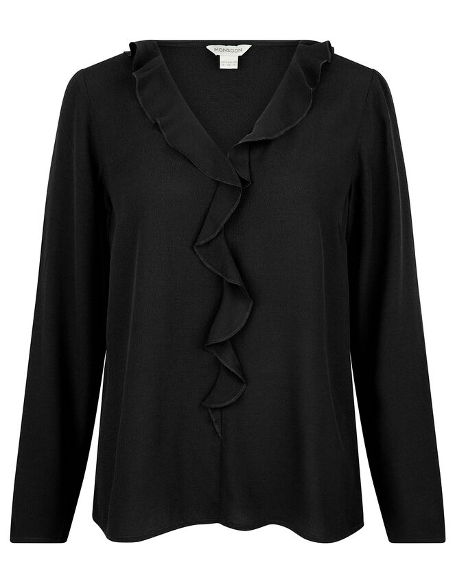 Ruffle Long Sleeve Blouse with LENZING™ ECOVERO™, Black (BLACK), large