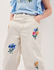 Sequin Floral Embroidered Wide Leg Jeans, Ivory (IVORY), large