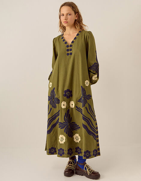 East Bella Embroidered Cotton Twill Dress, Green (KHAKI), large