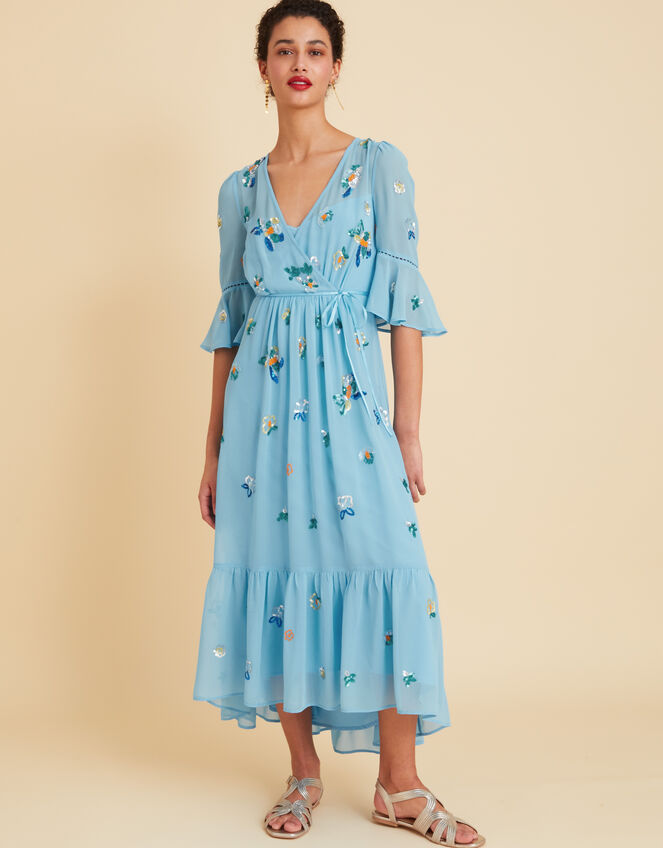 Daniella Embellished Wrap Dress in Recycled Polyester, Blue (BLUE), large