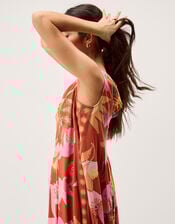 Anissa Sun Print Pleated Midi Dress, Orange (ORANGE), large