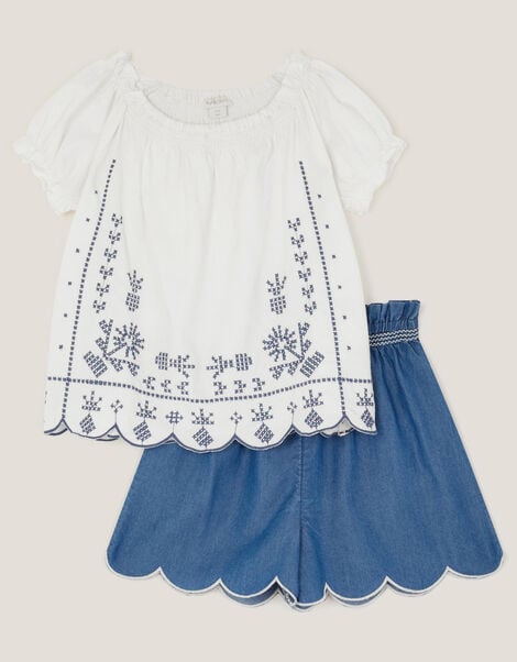Embroidered Top & Scallop Shorts Set, Blue (BLUE), large