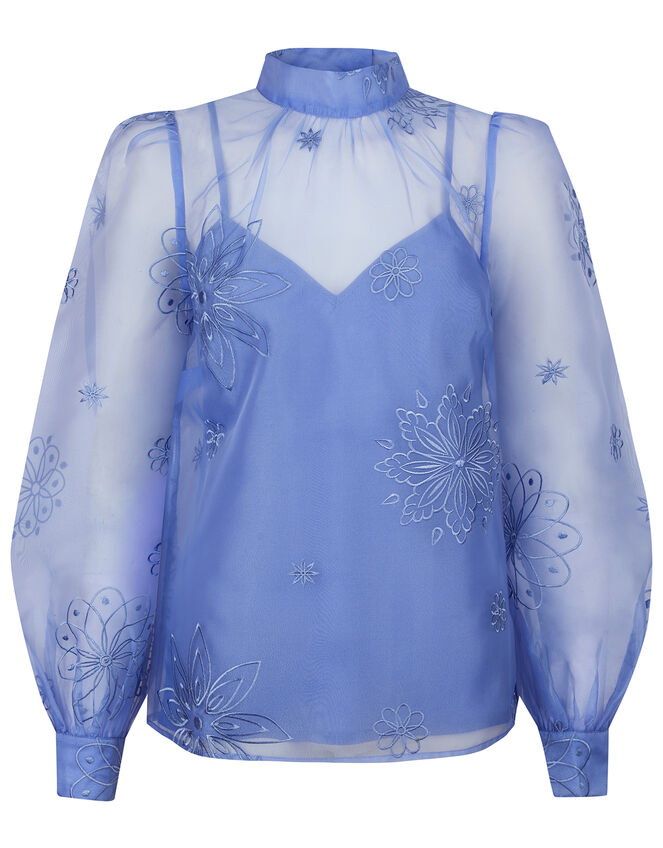 Aubree Floral Embroidery Organza Blouse, Blue (BLUE), large