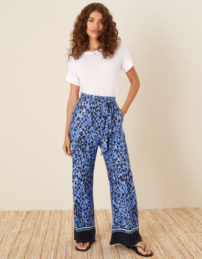 Animal Print Wide Leg Trousers, Blue (BLUE), large