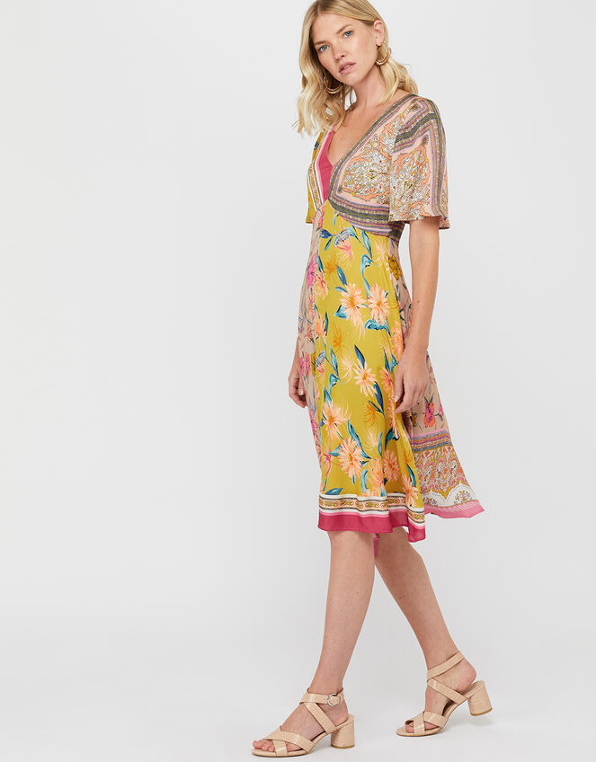 Scandi Scarf Print Hanky Hem Dress, Yellow (YELLOW), large