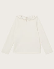 Beaded Collar Long Sleeve Rib Top, Ivory (IVORY), large