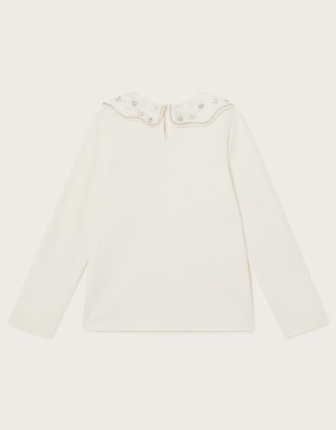 Beaded Collar Long Sleeve Rib Top, Ivory (IVORY), large