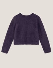 Bow Embellished Fuzzy Cardigan, Blue (NAVY), large