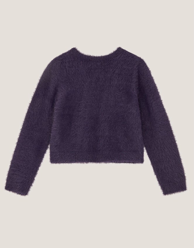 Bow Embellished Fuzzy Cardigan, Blue (NAVY), large