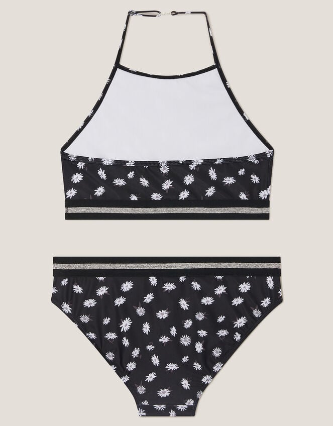 Daisy Print Halter Bikini Set, Black (BLACK), large