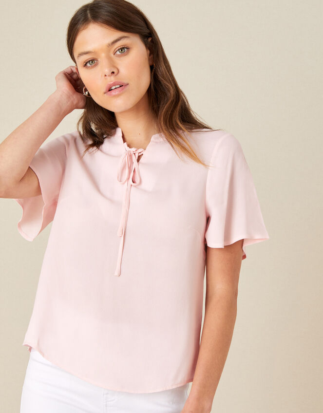 Tie Neck Short Sleeve Blouse, Pink (BLUSH), large